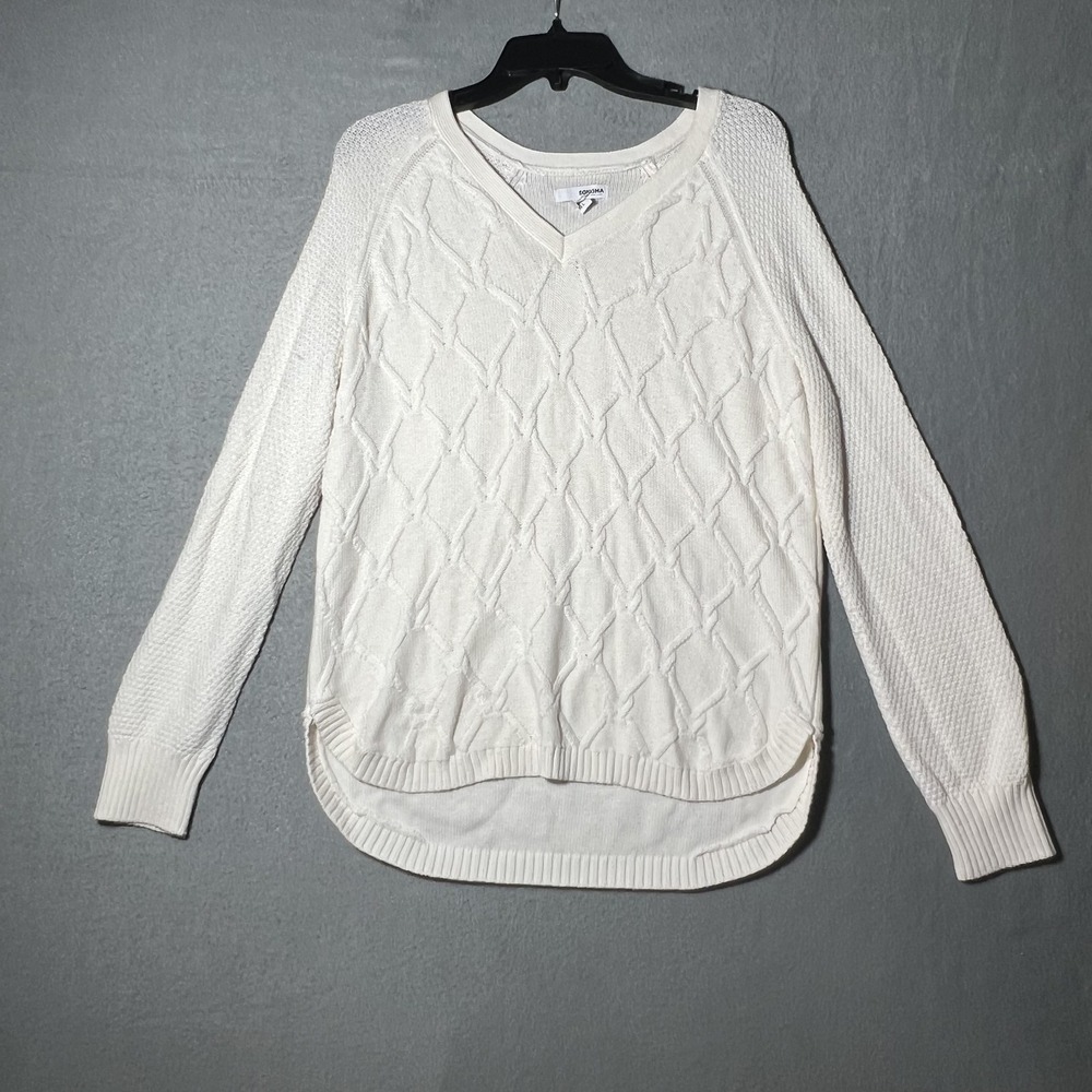 Sonoma Women's‎ White Cream Cable Knit V-Neck Sweater Size L Cotton Blend Hi-Low
